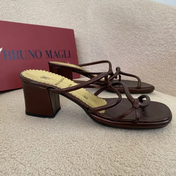 NIB Vintage 90s Bruno Magli Bronze Brown Block Heel Sandals | Copper Heels