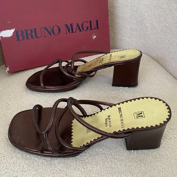 NIB Vintage 90s Bruno Magli Bronze Brown Block Heel Sandals | Copper Heels