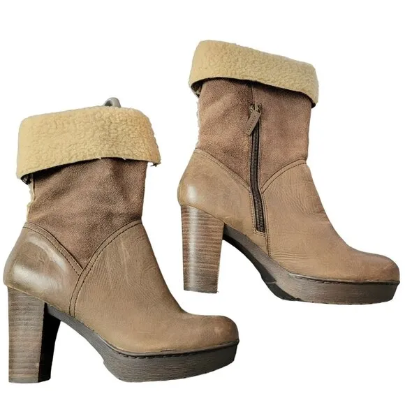 Nicole Platform Suede Boots 7.5 Brown Sherpa Leather Shoes Heel Mid Calf Women M