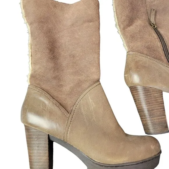 Nicole Platform Suede Boots 7.5 Brown Sherpa Leather Shoes Heel Mid Calf Women M