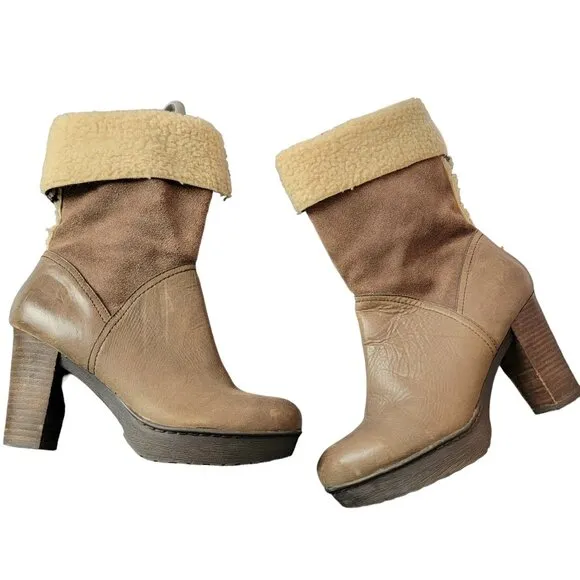 Nicole Platform Suede Boots 7.5 Brown Sherpa Leather Shoes Heel Mid Calf Women M