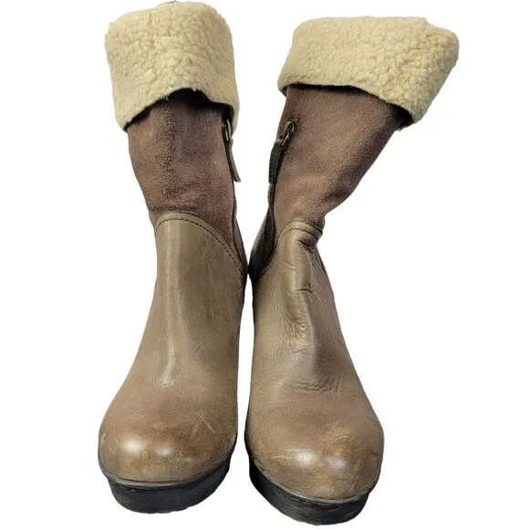 Nicole Platform Suede Boots 7.5 Brown Sherpa Leather Shoes Heel Mid Calf Women M