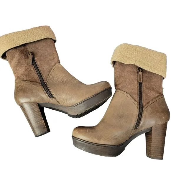 Nicole Platform Suede Boots 7.5 Brown Sherpa Leather Shoes Heel Mid Calf Women M