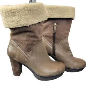 Nicole Platform Suede Boots 7.5 Brown Sherpa Leather Shoes Heel Mid Calf Women M