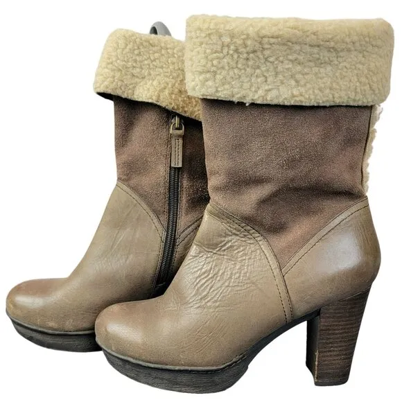 Nicole Platform Suede Boots 7.5 Brown Sherpa Leather Shoes Heel Mid Calf Women M