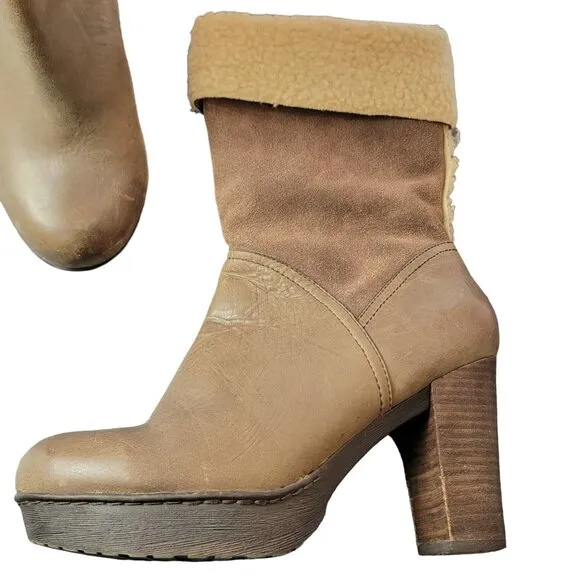 Nicole Platform Suede Boots 7.5 Brown Sherpa Leather Shoes Heel Mid Calf Women M