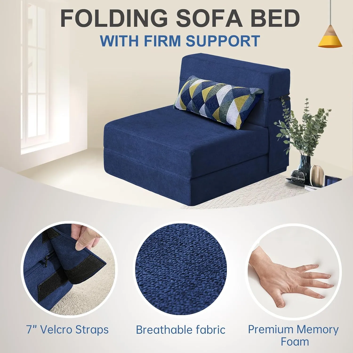 Nigoone Folding Sofa Bed with Pillow Memory Foam Convertible Sleeper Chair Bed Couch Futon Lazy for Living Room/Home Office/Guest Beds/Apartment/Upstairs Loft,Single Size,Dark Blue