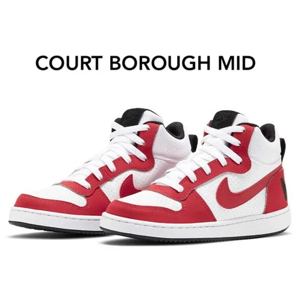 Nike Kids Court Borough Mid Top GS Shoes Sneakers Red White