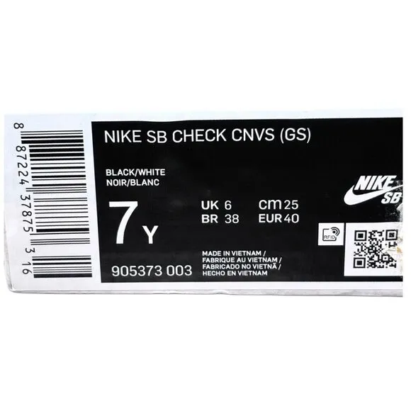 Nike SB Check CNVS GS Black/White Skate Shoes Youth Size 7Y UK 6 EUR 40 CM 25