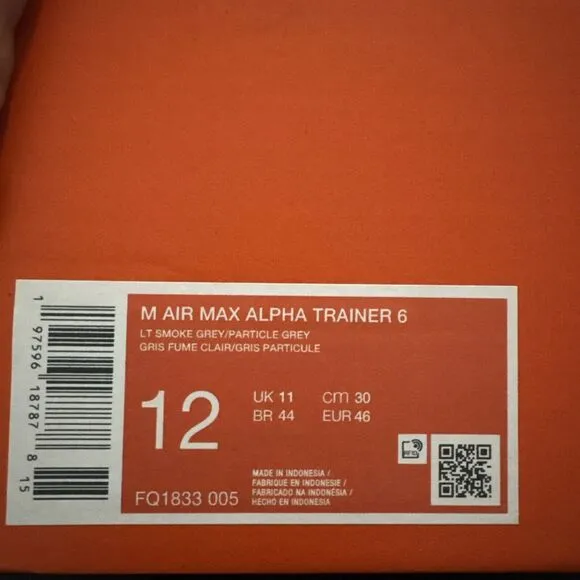 Nike Size 12 Men Air Max Alpha Trainer 6 Light Smoke Grey White Black