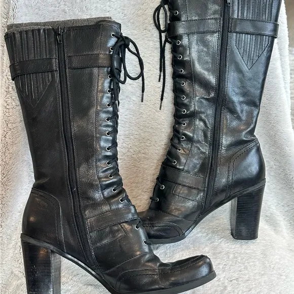Nine West Black Lace Up Boots with Chunky Heel women size 10M EUC