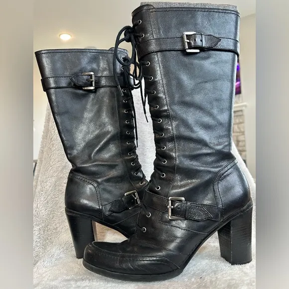 Nine West Black Lace Up Boots with Chunky Heel women size 10M EUC