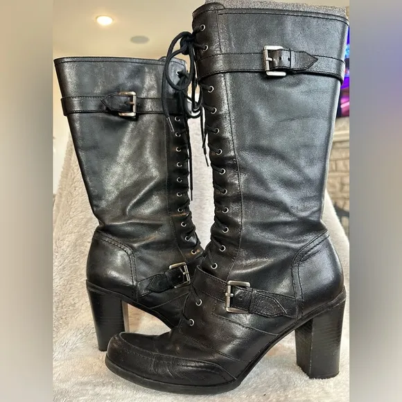 Nine West Black Lace Up Boots with Chunky Heel women size 10M EUC