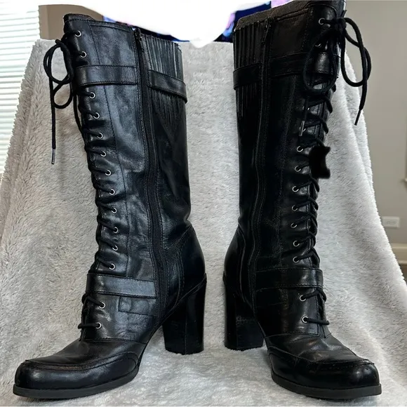 Nine West Black Lace Up Boots with Chunky Heel women size 10M EUC