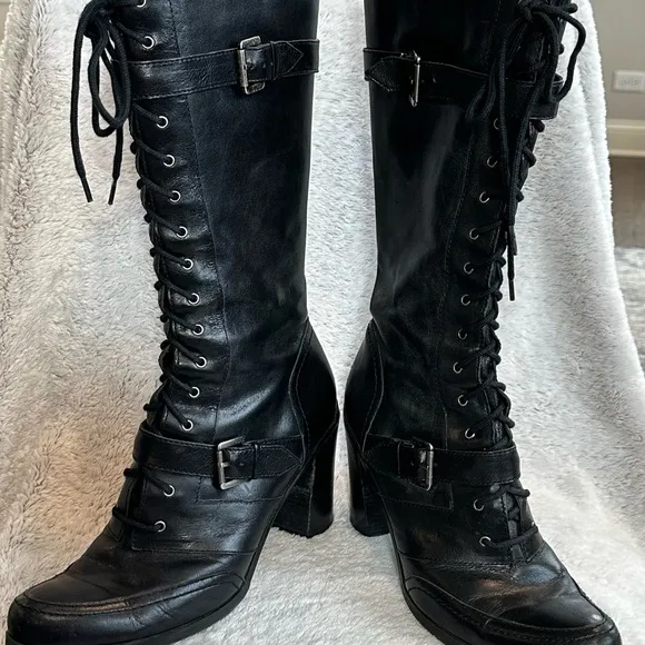 Nine West Black Lace Up Boots with Chunky Heel women size 10M EUC