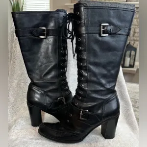 Nine West Black Lace Up Boots with Chunky Heel women size 10M EUC