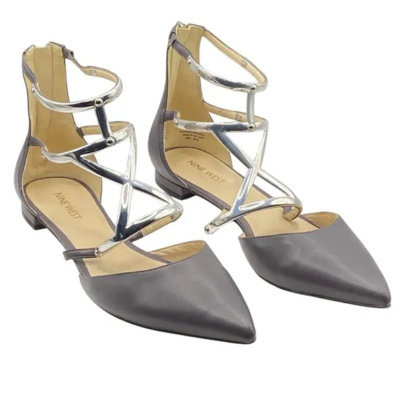 Nine West Gray Beley Strappy Pointy Toe Dress Flats Women’s Size 10.5M
