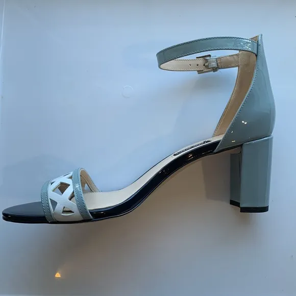 Nine West Paisley Open Toe Blue Patent Leather Block Heel Sandals