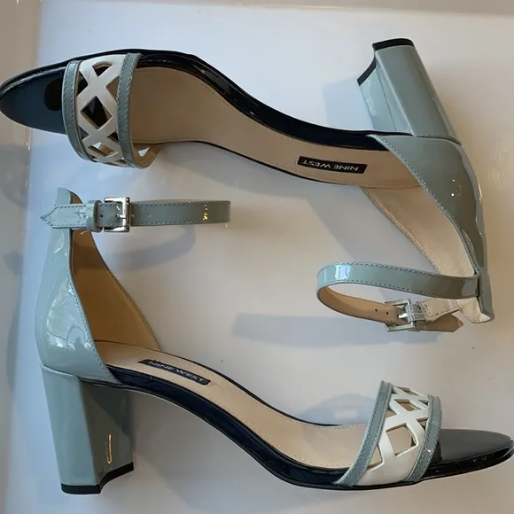 Nine West Paisley Open Toe Blue Patent Leather Block Heel Sandals