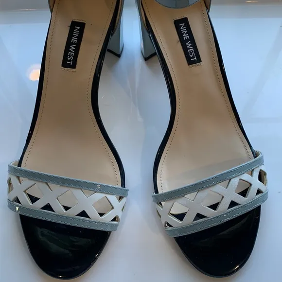 Nine West Paisley Open Toe Blue Patent Leather Block Heel Sandals