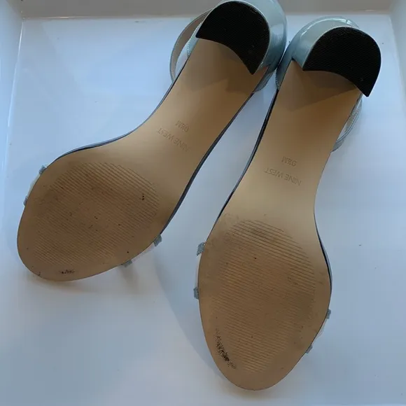Nine West Paisley Open Toe Blue Patent Leather Block Heel Sandals