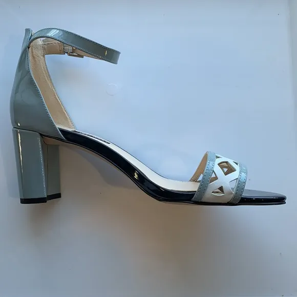Nine West Paisley Open Toe Blue Patent Leather Block Heel Sandals