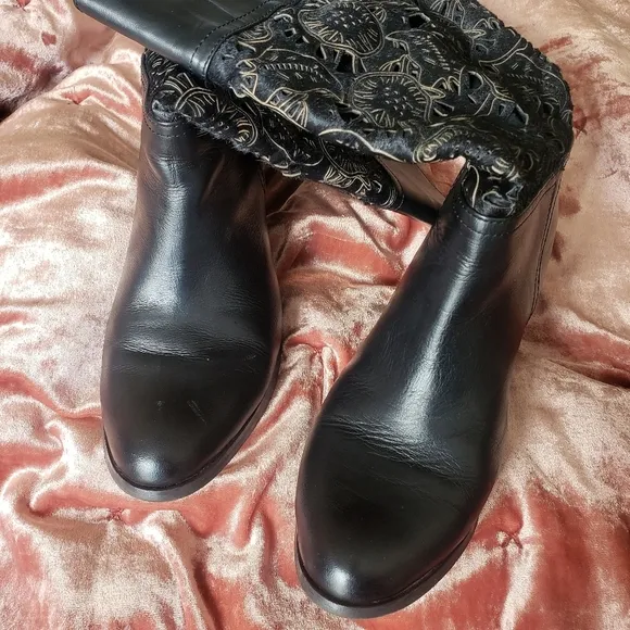 Nine West Vtg Pony Hair &amp; LeatherLaser cut Mid-calf heeled Boots Size 5.5 Black