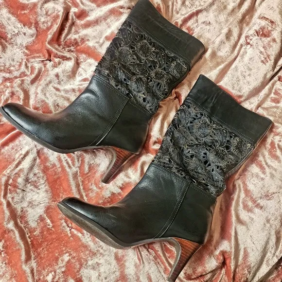 Nine West Vtg Pony Hair &amp; LeatherLaser cut Mid-calf heeled Boots Size 5.5 Black