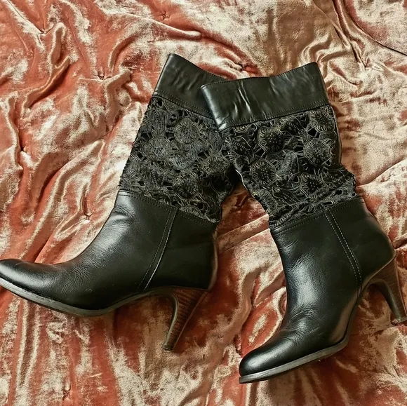 Nine West Vtg Pony Hair &amp; LeatherLaser cut Mid-calf heeled Boots Size 5.5 Black