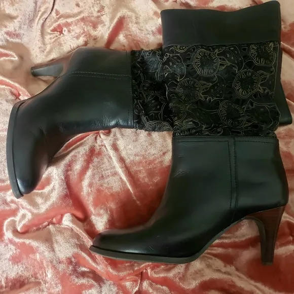 Nine West Vtg Pony Hair &amp; LeatherLaser cut Mid-calf heeled Boots Size 5.5 Black