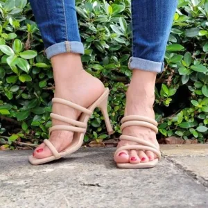 Nude Square Toe Padded Strappy Heel Sandals