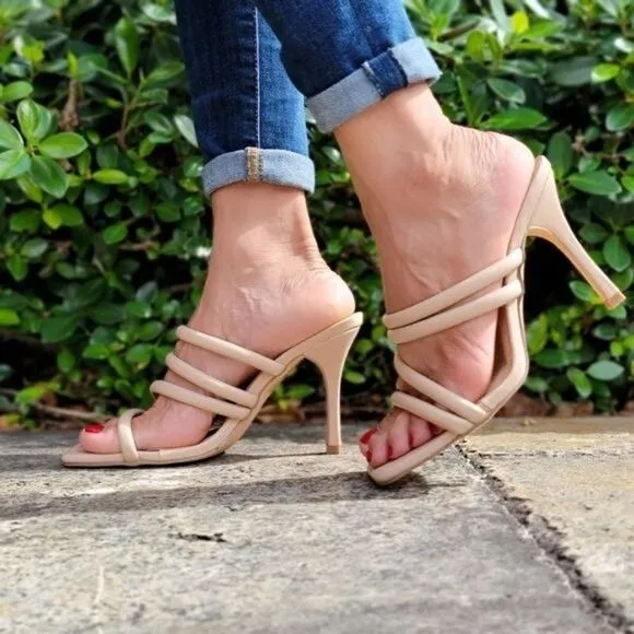 Nude Square Toe Padded Strappy Heel Sandals