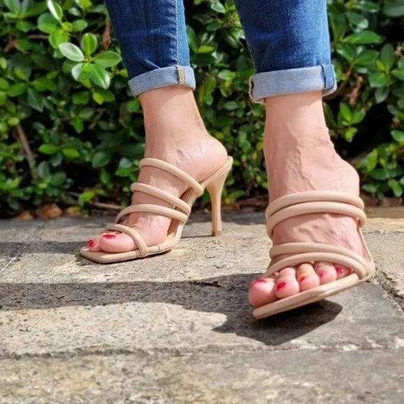 Nude Square Toe Padded Strappy Heel Sandals