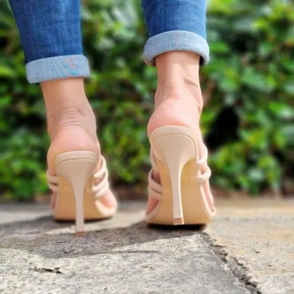 Nude Square Toe Padded Strappy Heel Sandals