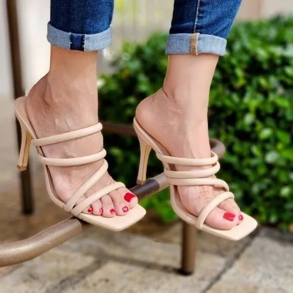 Nude Square Toe Padded Strappy Heel Sandals