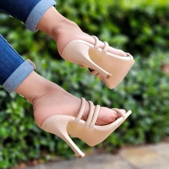 Nude Square Toe Padded Strappy Heel Sandals
