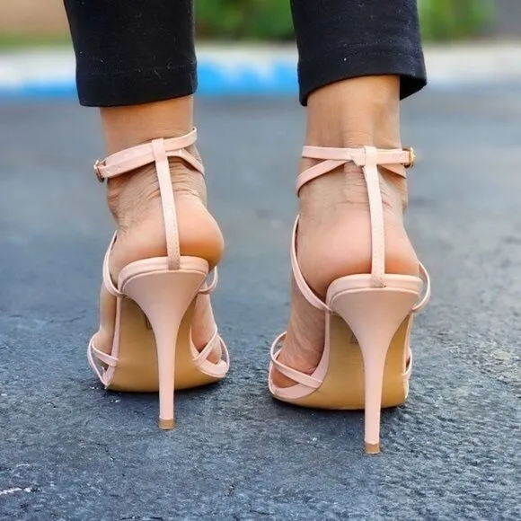 Nude Strappy Pointed Ankle Strap High Heels