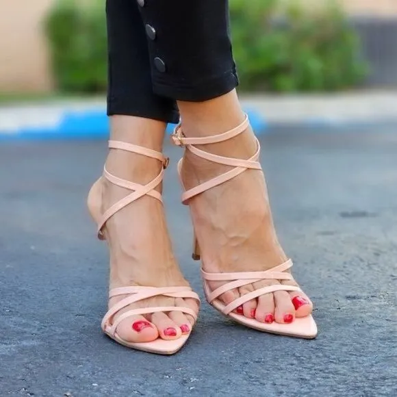 Nude Strappy Pointed Ankle Strap High Heels