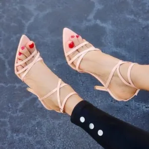 Nude Strappy Pointed Ankle Strap High Heels