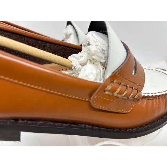 NWB Bloomingdale's Aqua Penny Loafers KENDL Brown White Leather Upper 2-Tone 6