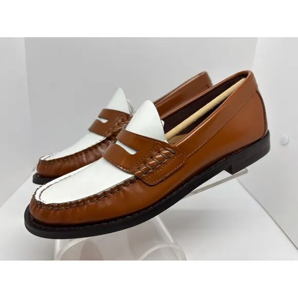 NWB Bloomingdale's Aqua Penny Loafers KENDL Brown White Leather Upper 2-Tone 6