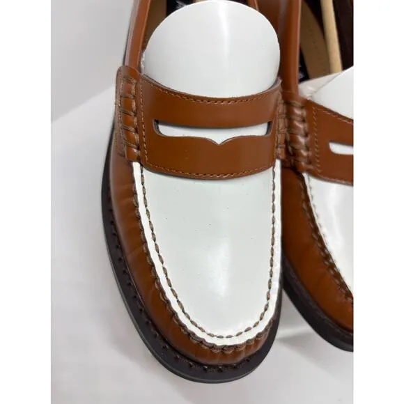 NWB Bloomingdale's Aqua Penny Loafers KENDL Brown White Leather Upper 2-Tone 6