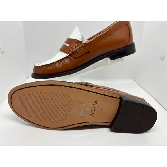 NWB Bloomingdale's Aqua Penny Loafers KENDL Brown White Leather Upper 2-Tone 6