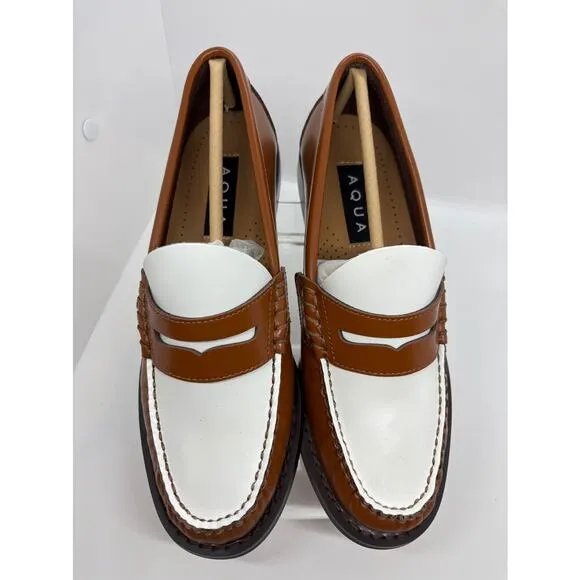 NWB Bloomingdale's Aqua Penny Loafers KENDL Brown White Leather Upper 2-Tone 6