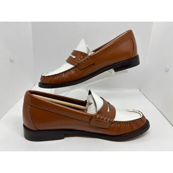 NWB Bloomingdale's Aqua Penny Loafers KENDL Brown White Leather Upper 2-Tone 6