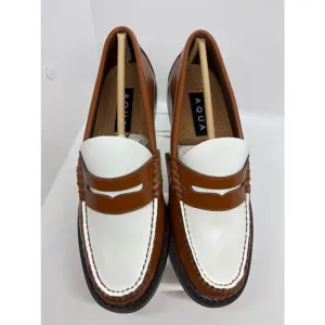 NWB Bloomingdale's Aqua Penny Loafers KENDL Brown White Leather Upper 2-Tone 6