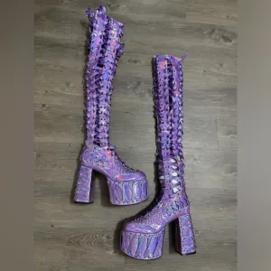 NWOB Dolls Kill / Club Exx Purple Holographic Thigh-High Rude Awakening Boots