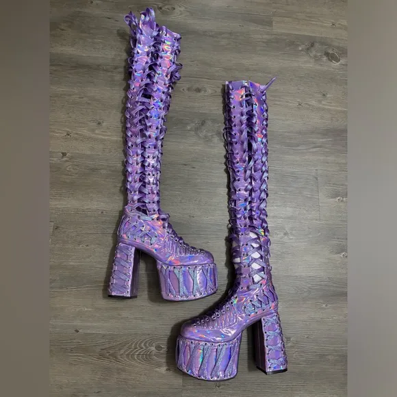 NWOB Dolls Kill / Club Exx Purple Holographic Thigh-High Rude Awakening Boots