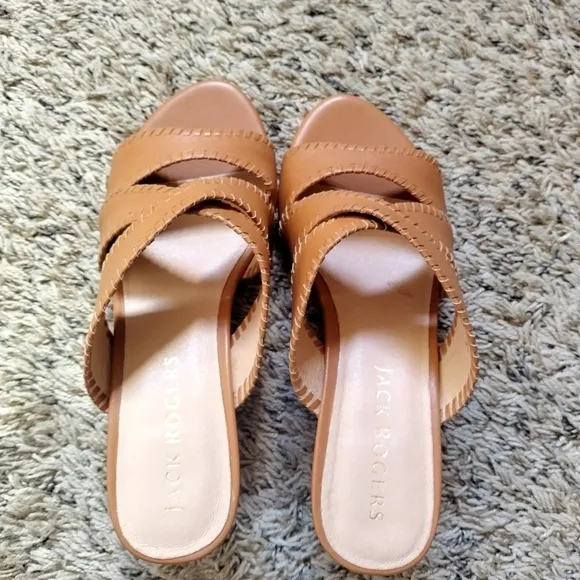 NWOB Jack Rogers Jackie Leather Open Toe Crossover Wedge Sandals tan sz 9