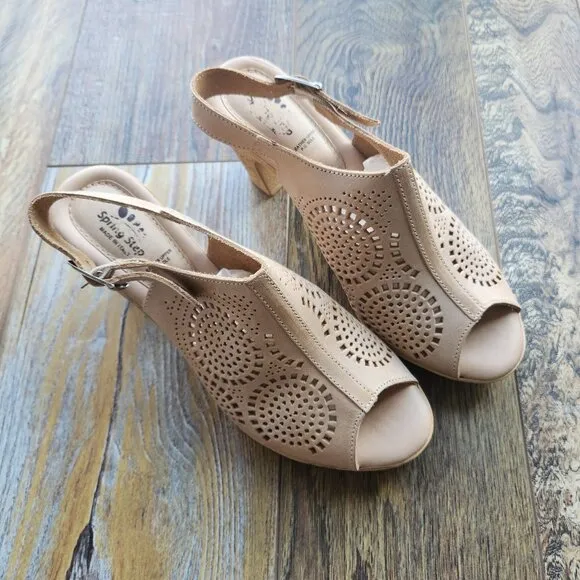 NWoB Spring Step Liberty Laser-Cut Leather Slingback Sandals Buckle Beige